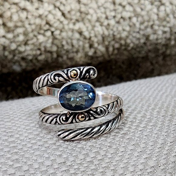 Bali Jewelry - Artisan Crafted by Robert Manse S/S & 14kt gold Blue Quartz Wrap Ring Size 10